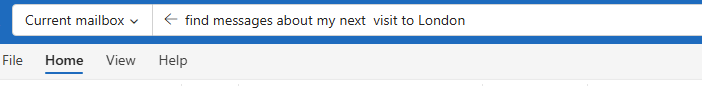 Outlook search bar with text "find messages about my next visit to London : Office-Watch.com