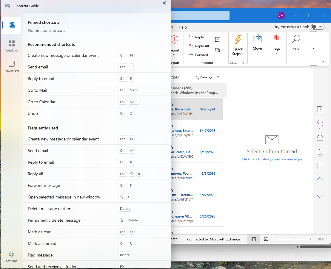 Outlook pinned and recommended shortcuts displayed on a computer screen : Office-Watch.com