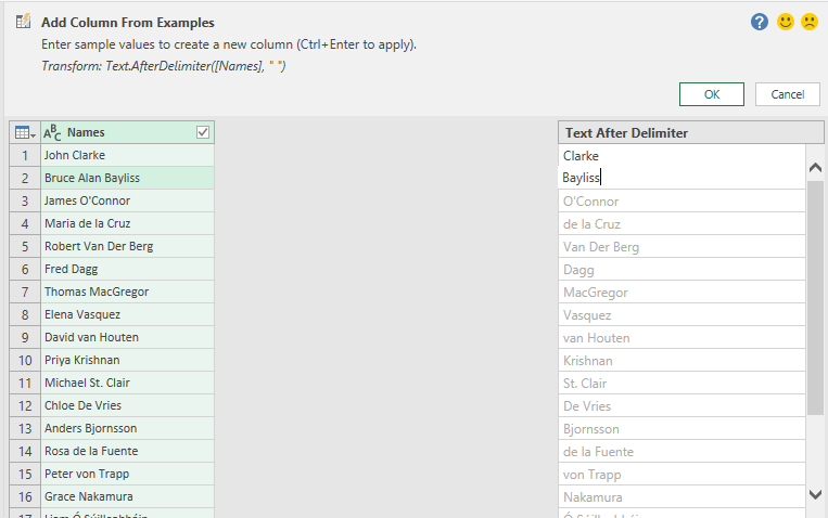Power Query Add Column From Examples: Extracting names after a delimiter. : Office-Watch.com
