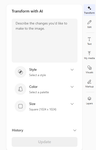 PowerPoint AI Transform panel with options for Style, Color, and Size. : Office-Watch.com
