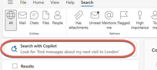 PowerPoint search bar with Copilot feature highlighted to find messages about a visit to London : Office-Watch.com