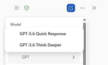 Word feature showing GPT-5.6 model options: Quick Response and Think Deeper. : Office-Watch.com