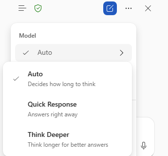 Word explainer feature model options: Auto, Quick Response, Think Deeper. : Office-Watch.com