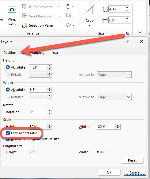 PowerPoint layout options showing "Lock aspect ratio" checked. : Office-Watch.com