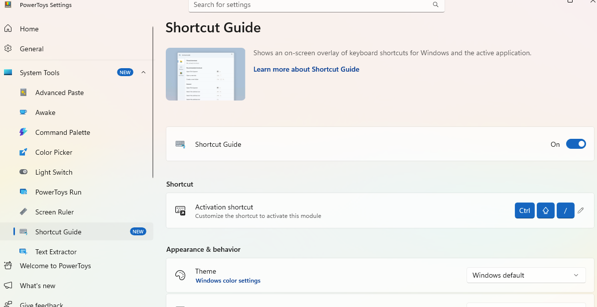 PowerToys Shortcut Guide settings, showing activation shortcut customization and appearance options. : Office-Watch.com