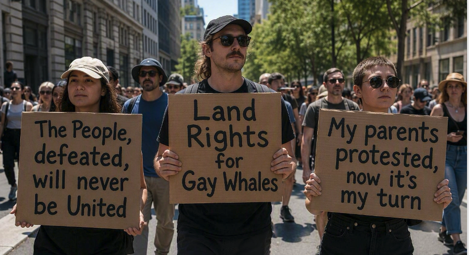 Protesters hold signs: "The People, defeated, will never be United", "Land Rights for Gay Whales", "My parents protested, now it's my turn. : Office-Watch.com