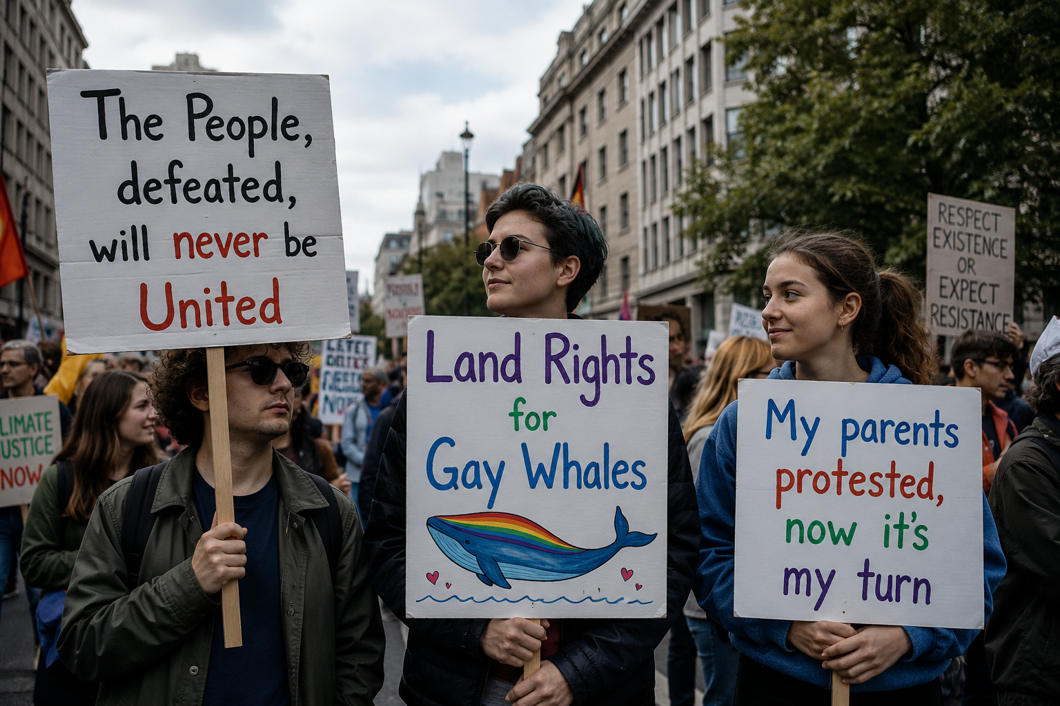 Protesters hold signs: "The People, defeated, will never be United," "Land Rights for Gay Whales," and "My parents protested, now it's my turn. : Office-Watch.com