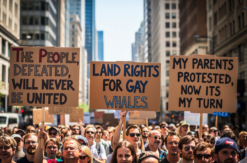 Protesters hold signs: "The people, defeated, will never be united," "Land rights for gay whales," and "My parents protested, now it's my turn. : Office-Watch.com