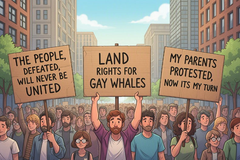 Protestors hold signs: "The people, defeated, will never be united", "Land rights for gay whales", and "My parents protested, now it's my turn". : Office-Watch.com