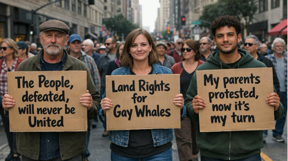 Protesters hold signs: "The People, defeated, will never be United," "Land Rights for Gay Whales," and "My parents protested, now it's my turn. : Office-Watch.com