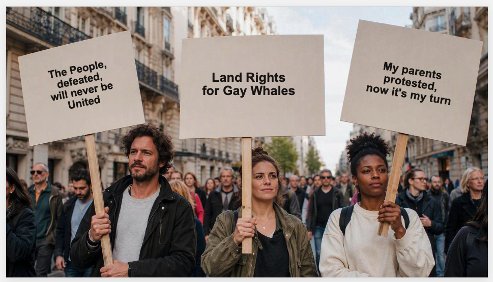 Protesters hold signs: "The People, defeated, will never be United", "Land Rights for Gay Whales", "My parents protested, now it's my turn". : Office-Watch.com