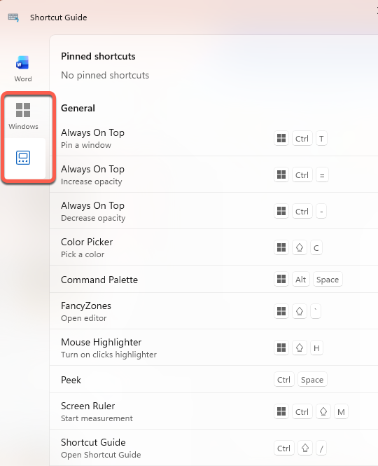 Shortcut guide menu showing pinned shortcuts and general settings : Office-Watch.com