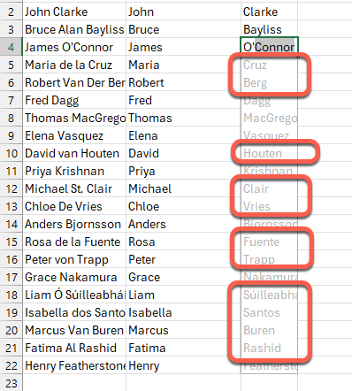 Spreadsheet showing names with the last name highlighted in a separate column. : Office-Watch.com