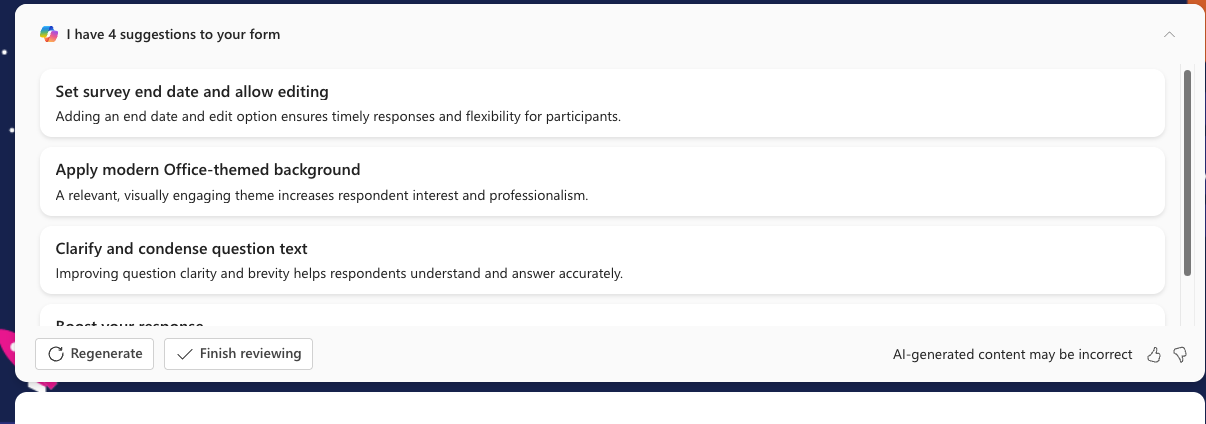 AI suggestions for survey improvements: set end date, modern theme, clarify questions, boost response. : Office-Watch.com