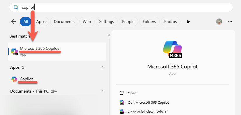 Microsoft 365 Copilot search result in Windows 11 : Office-Watch.com