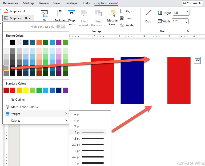 Microsoft Word graphics outline options with flag colors and line weight selection : Office-Watch.com