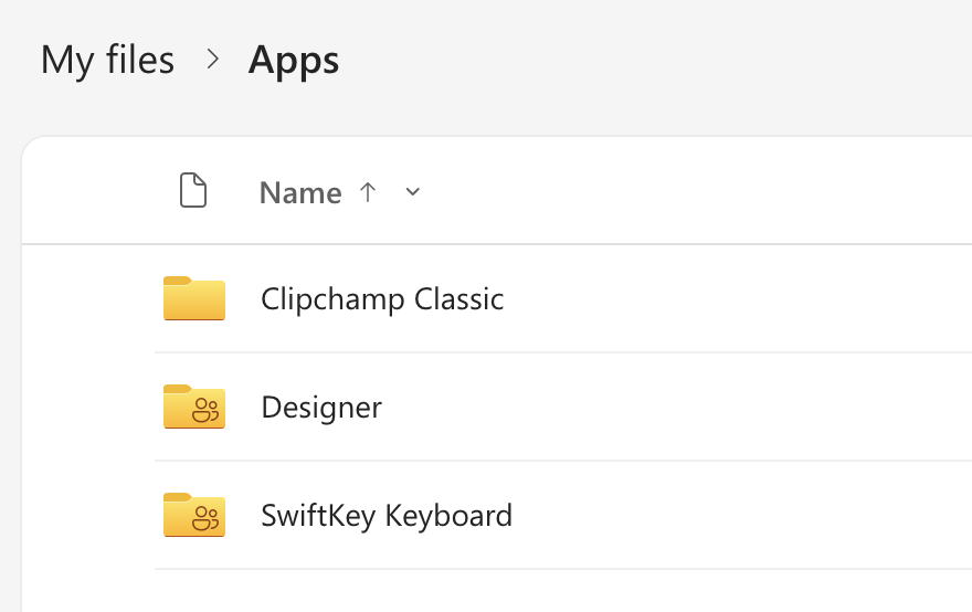 Apps folder in My files showing Clipchamp Classic, Designer, and SwiftKey Keyboard : Office-Watch.com