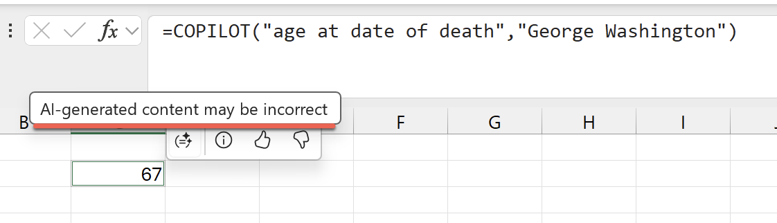 Excel formula showing COPLIOT to calculate George Washington