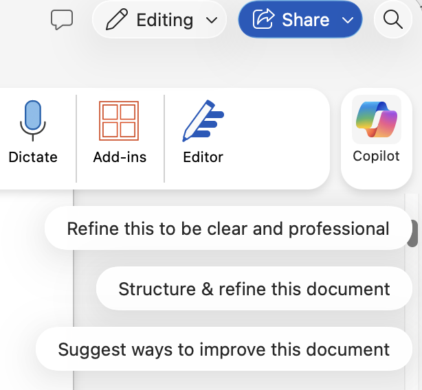 Microsoft Copilot AI assistant options for editing and refining documents. : Office-Watch.com