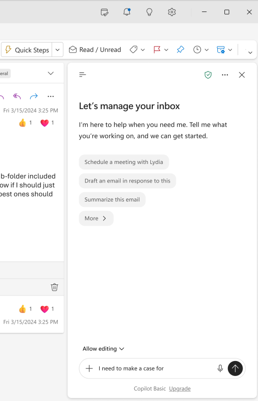 Microsoft Copilot managing inbox with options: schedule meeting, draft email, summarize, and more. : Office-Watch.com