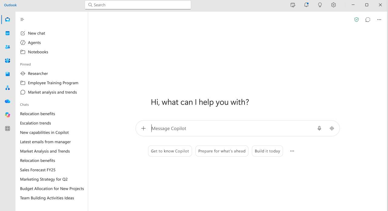 Microsoft Copilot interface in Outlook with chat options and search bar. : Office-Watch.com