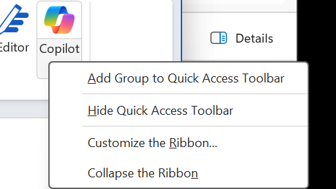 Microsoft Copilot menu with options to customize the Quick Access Toolbar and Ribbon. : Office-Watch.com