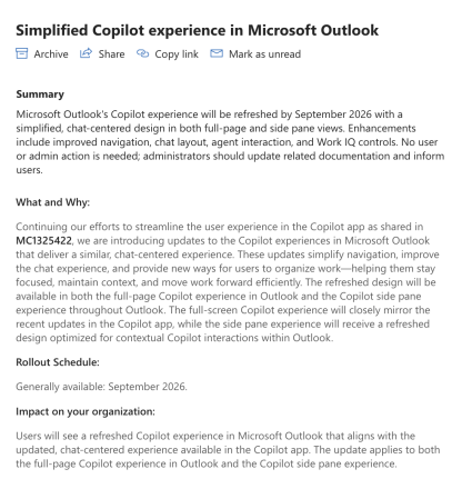 Microsoft Outlook Copilot experience refresh announcement with summary and rollout details. : Office-Watch.com
