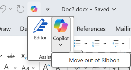 Microsoft Word Copilot and Editor icons with a "Move out of Ribbon" tooltip. : Office-Watch.com