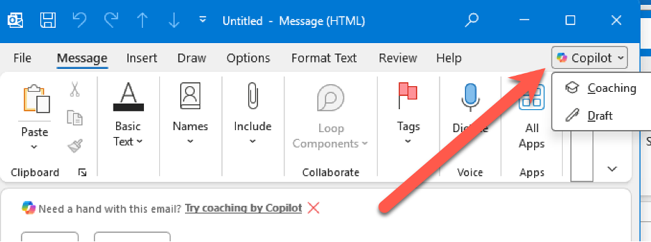 Outlook email interface with Copilot menu open, showing coaching and draft options. : Office-Watch.com