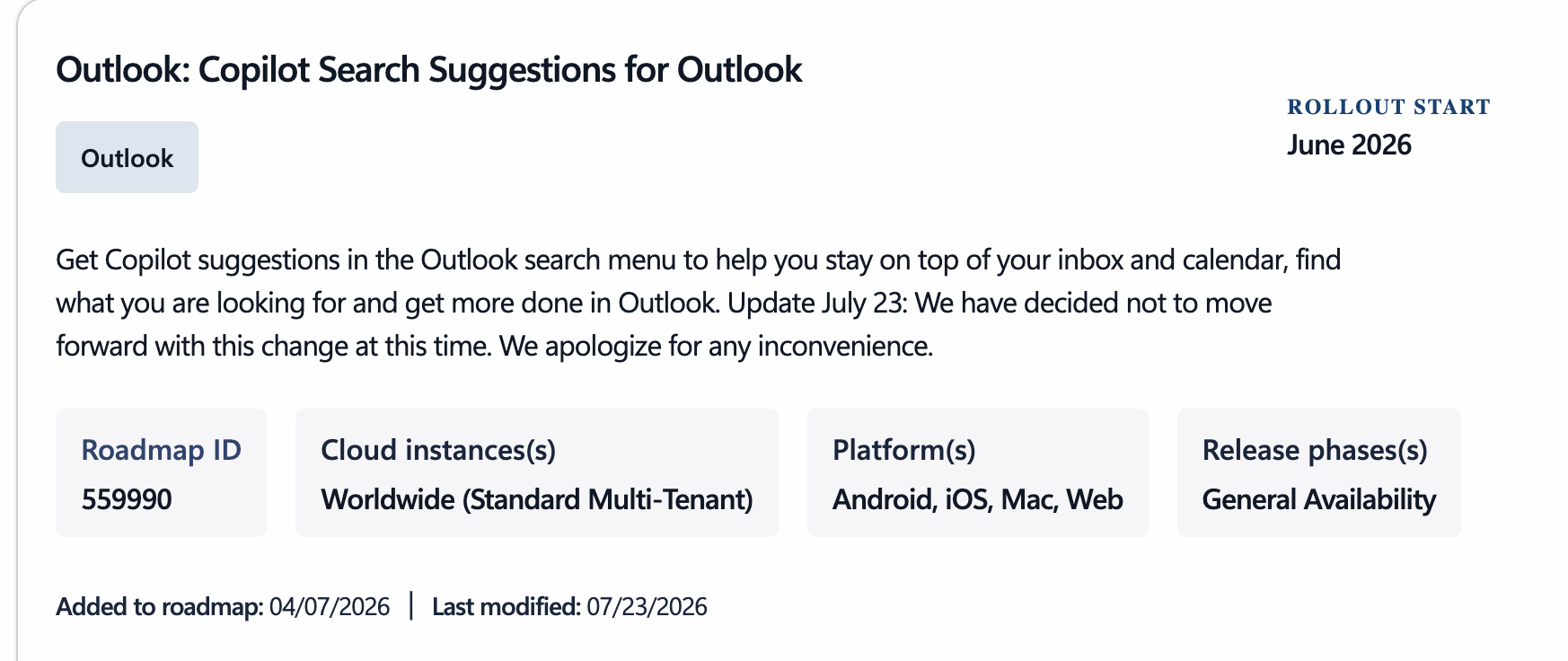 Outlook Copilot search suggestions update, rollout June 2026, canceled July 23. : Office-Watch.com