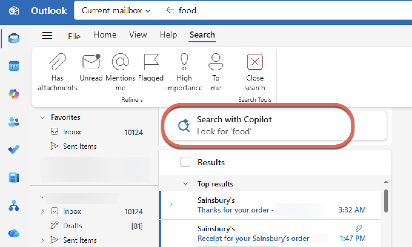 Outlook search bar showing "food" and a "Search with Copilot" option. : Office-Watch.com