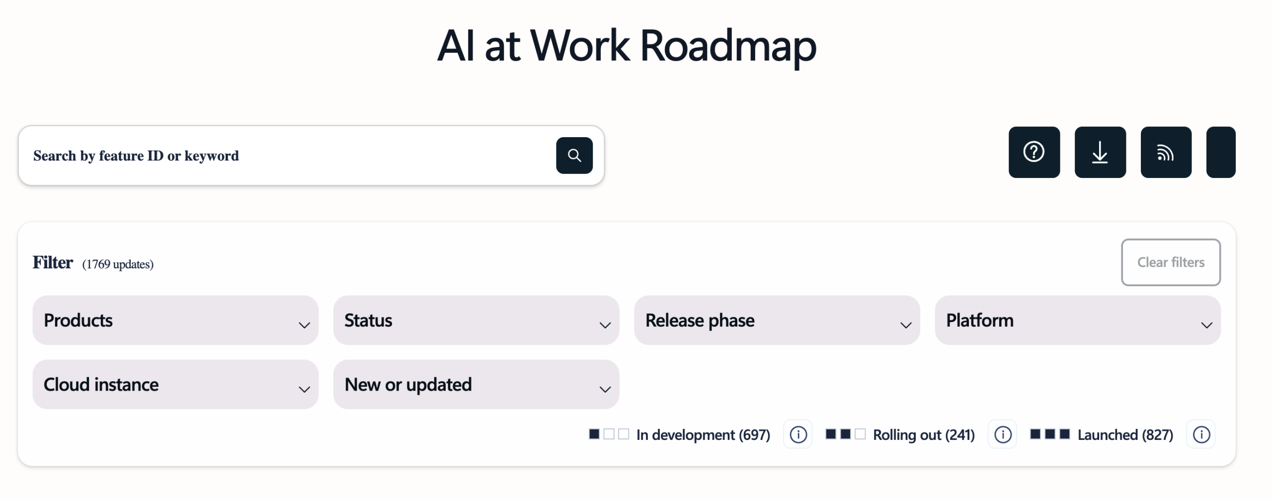 AI at Work Roadmap filters: Products, Status, Release phase, Platform, Cloud instance, New or updated. : Office-Watch.com