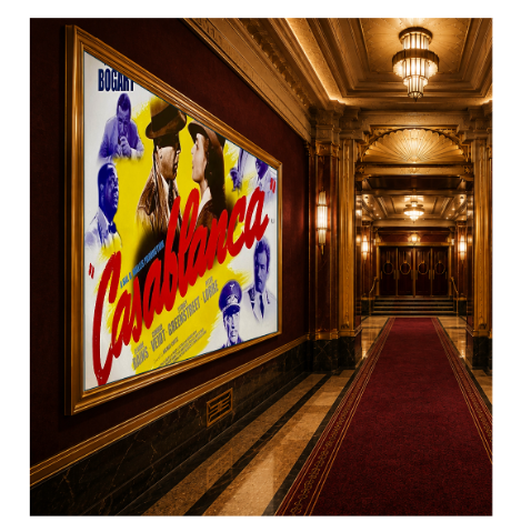 Casablanca movie poster displayed in a grand theater lobby with a red carpet : Office-Watch.com