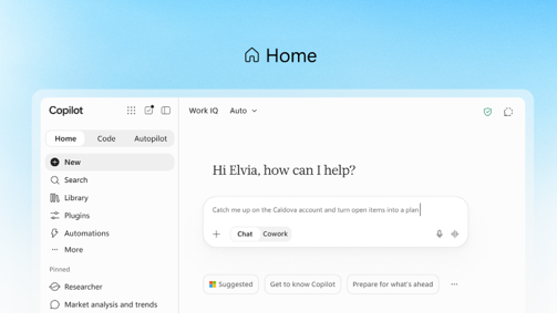 Copilot app home screen with a prompt to "Catch me up on the Caldova account and turn open items into a plan. : Office-Watch.com