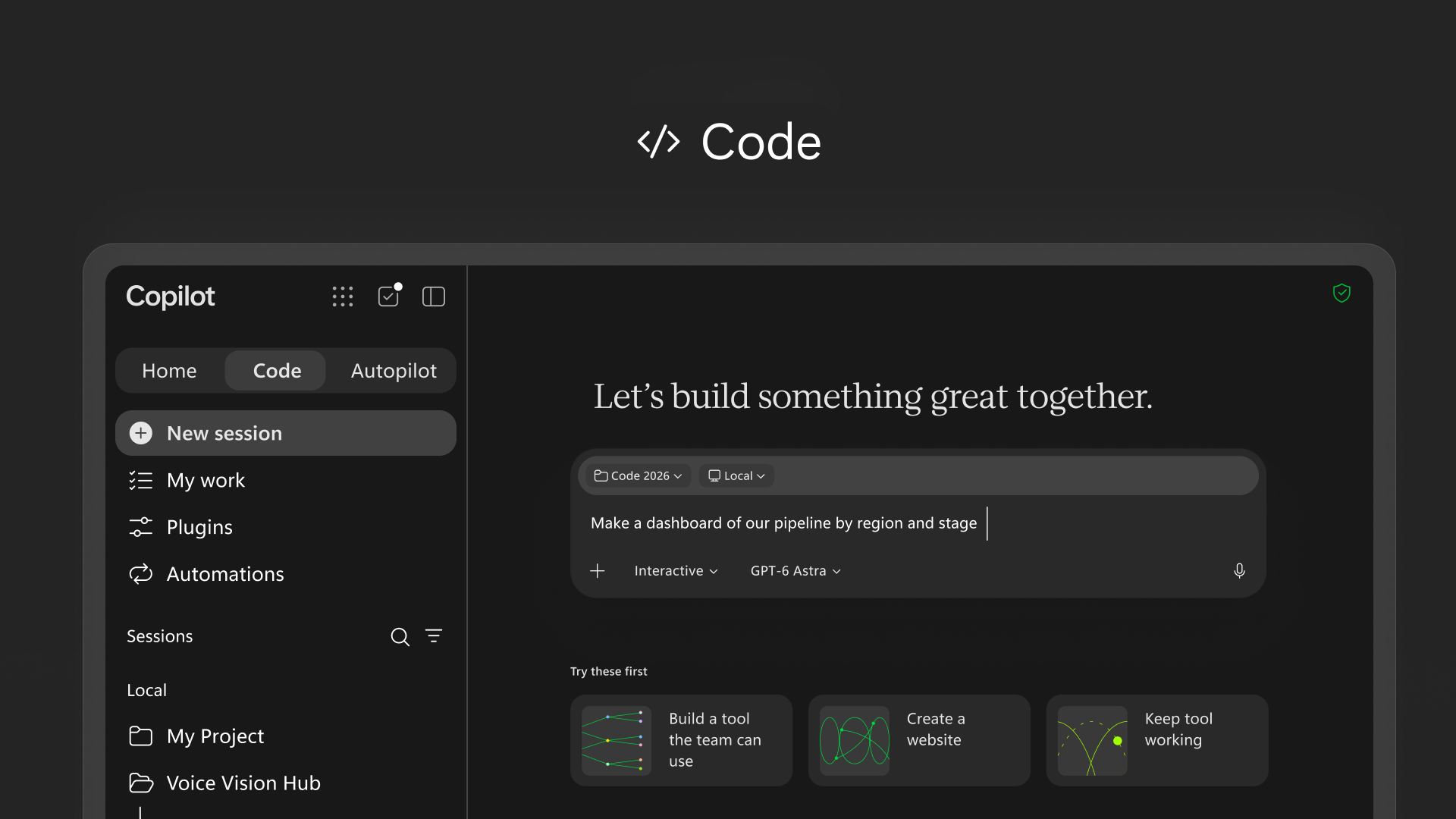 Copilot Code interface with prompt "Make a dashboard of our pipeline by region and stage. : Office-Watch.com