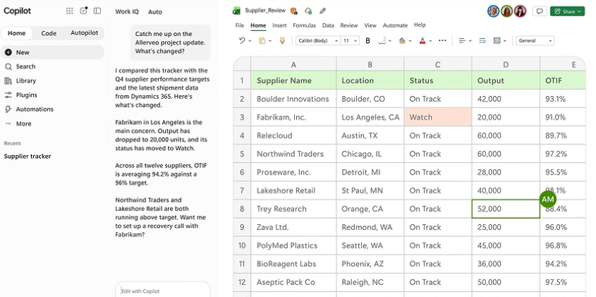Copilot interface showing a supplier tracker spreadsheet with data on output and OTIF. : Office-Watch.com