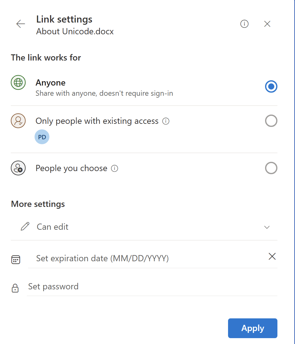 Link settings for a document, showing options for sharing with anyone, people with existing access, or specific people. : Office-Watch.com