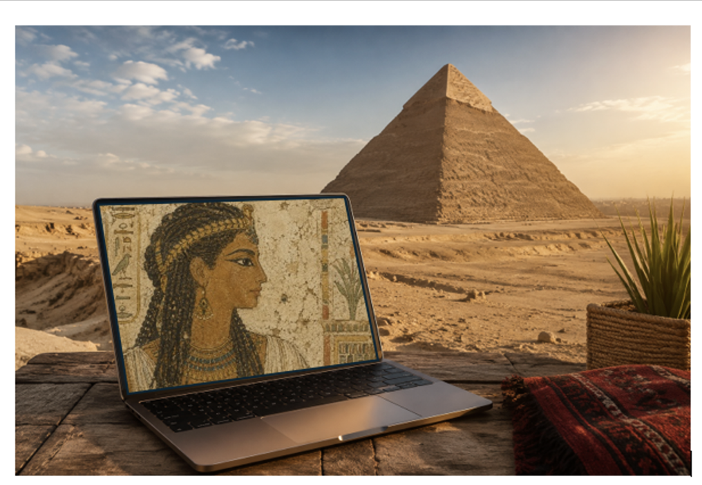 Laptop displaying ancient Egyptian art with pyramids in the background. : Office-Watch.com