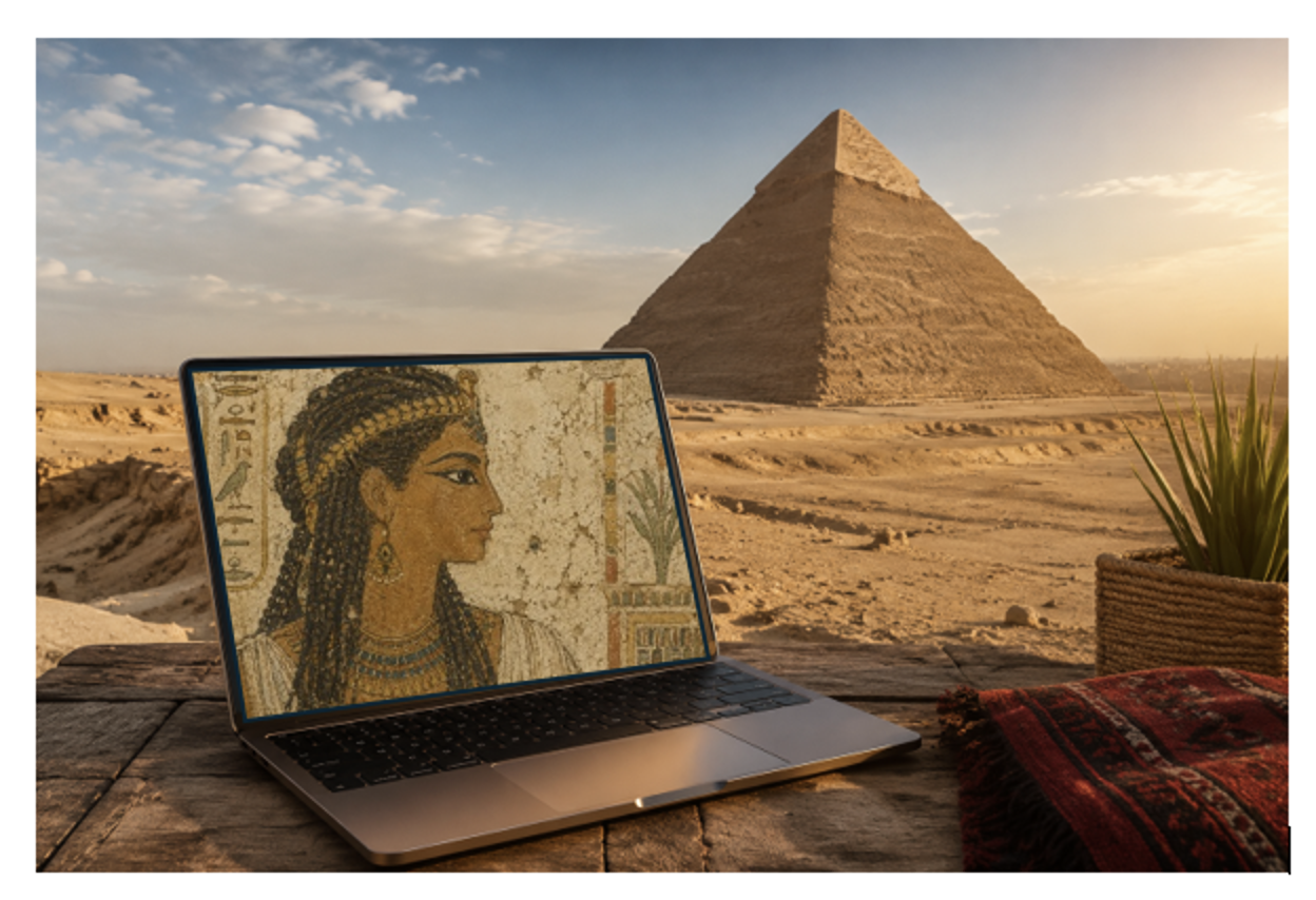 Laptop displays ancient Egyptian mosaic next to pyramids in desert : Office-Watch.com