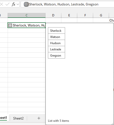 Excel list in a cell showing Sherlock, Watson, Hudson, Lestrade, Gregson. : Office-Watch.com