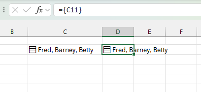 Microsoft Excel showing a formula referencing cell C11, which contains "Fred, Barney, Betty". : Office-Watch.com