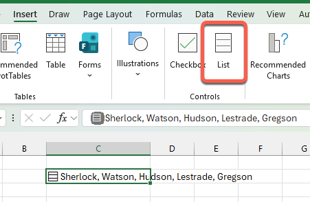 Excel Insert tab with the new List button. : Office-Watch.com