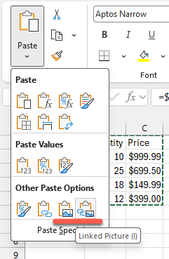 Microsoft Excel Paste Options menu showing Linked Picture option : Office-Watch.com