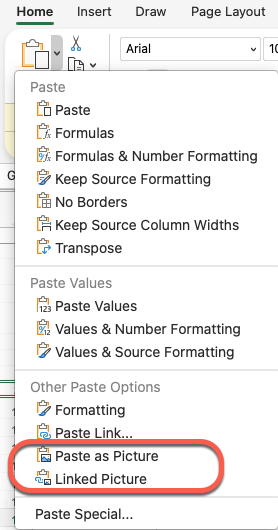Microsoft Excel paste options menu, highlighting "Paste as Picture" and "Linked Picture". : Office-Watch.com