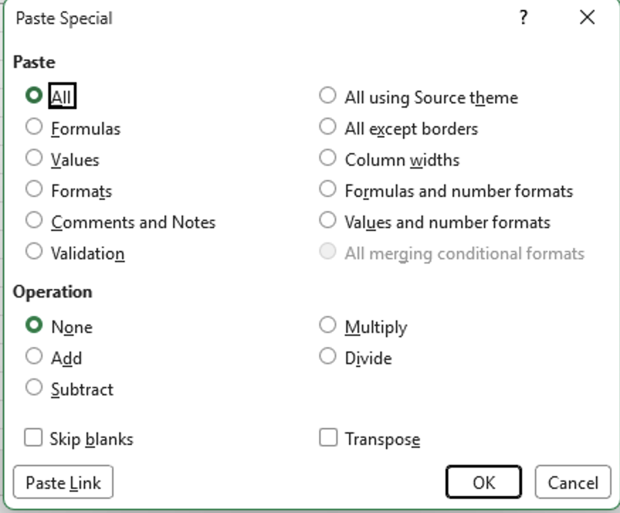 Excel Paste Special dialog box showing options for pasting content and operations. : Office-Watch.com