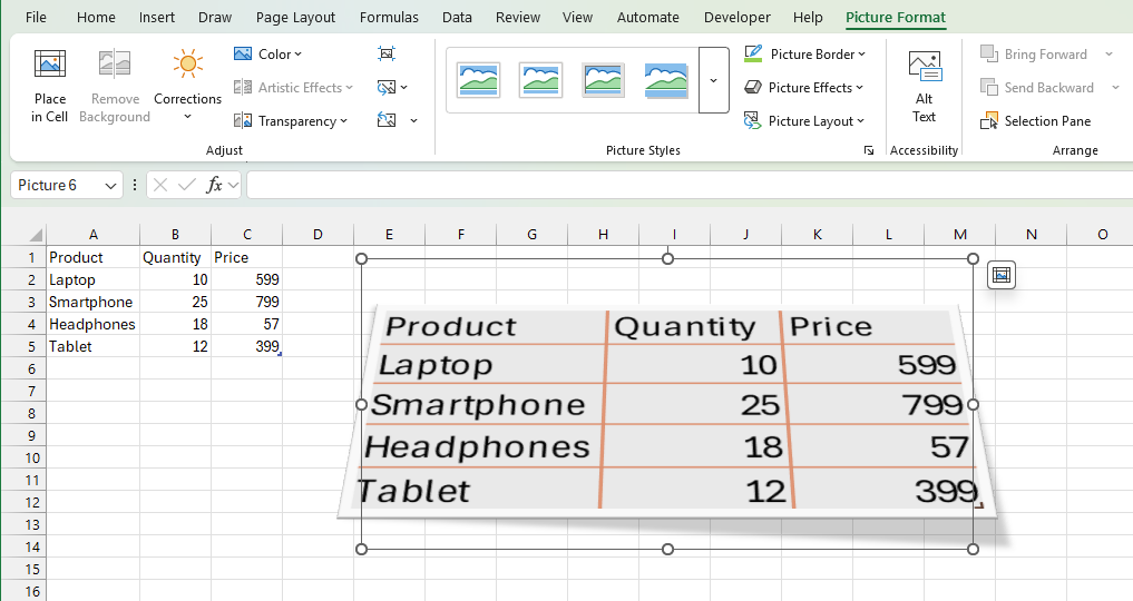 Excel screenshot showing a table of product, quantity, and price data with picture formatting options. : Office-Watch.com