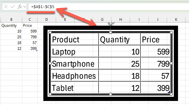 Excel spreadsheet showing product quantity and price data, with a formula bar highlighted. : Office-Watch.com