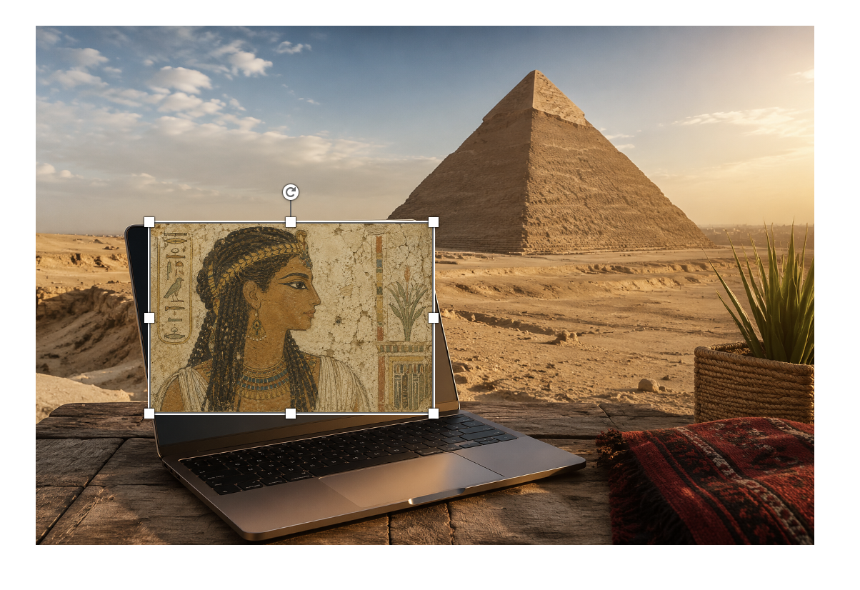 Laptop displaying ancient Egyptian art with pyramids in background : Office-Watch.com