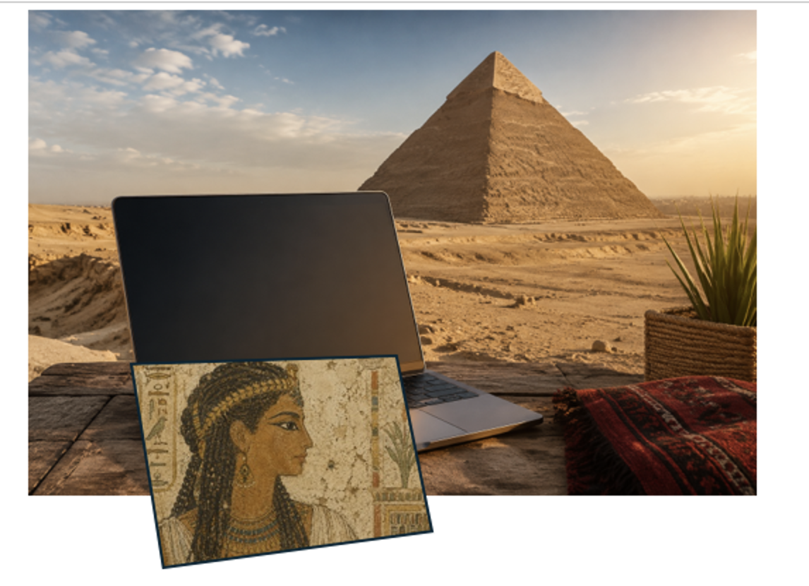 Laptop and ancient Egyptian mosaic in front of pyramids at sunset. : Office-Watch.com