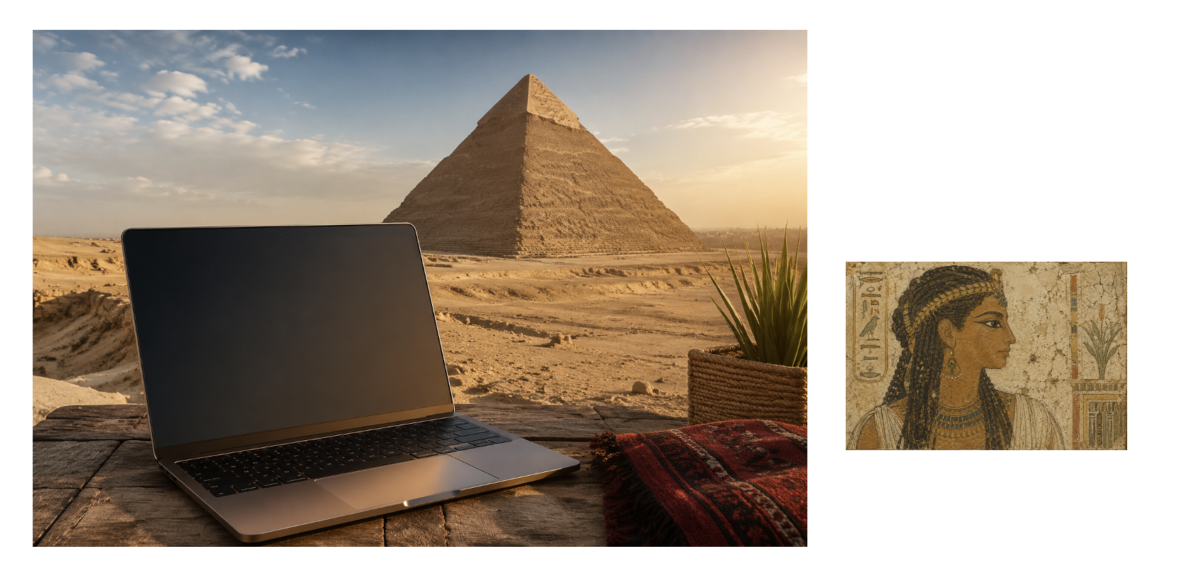 Laptop with pyramid and Egyptian art in desert setting : Office-Watch.com